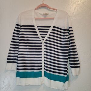 LOFT Women’s Large Striped 3/4 Sleeve Button Front Cardigan Sweater Lightweight